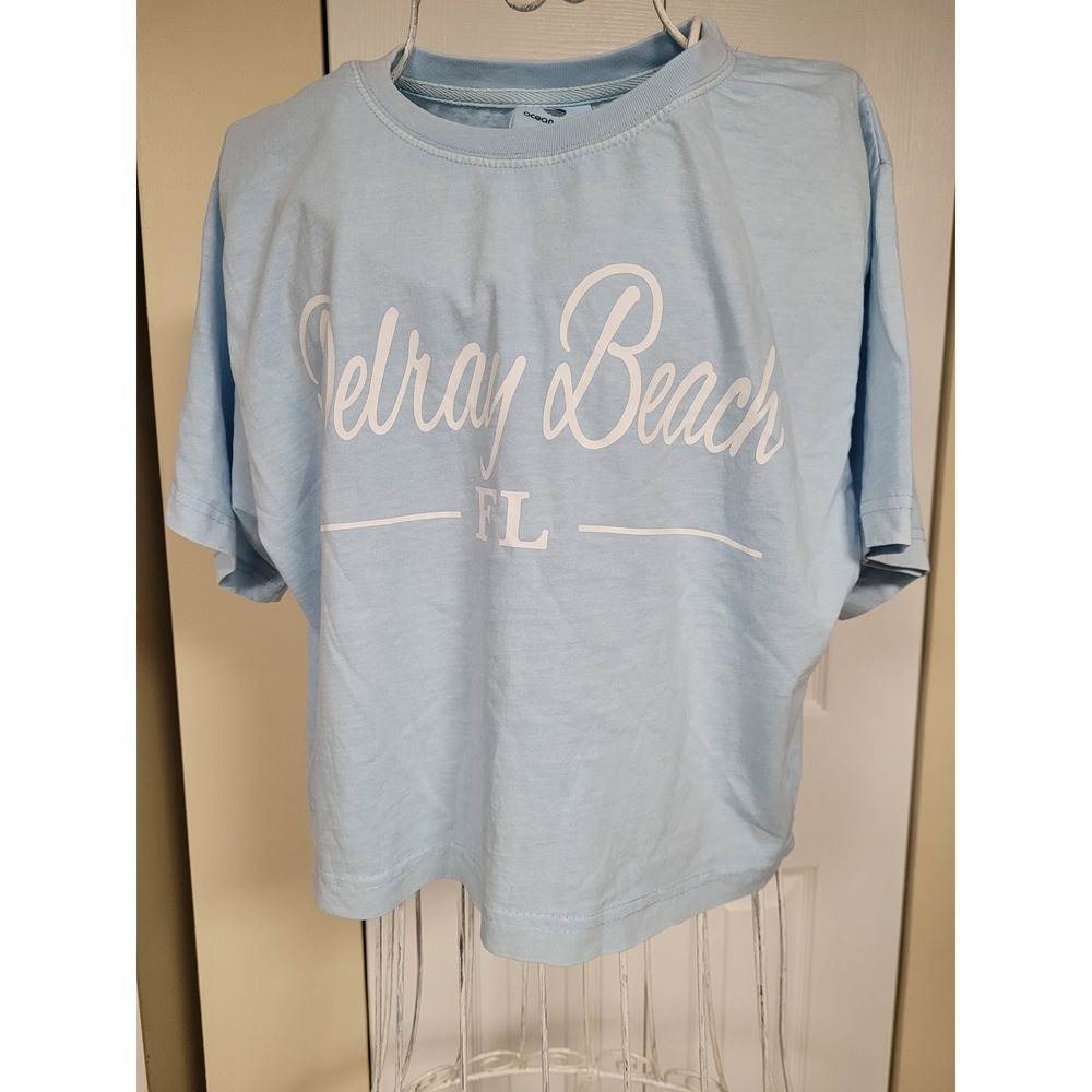 Delray Beach FL Cropped Boxy T-Shirt Light Blue Cotton Ocean Drive Women Size M